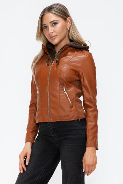 Camel Faux Leather Zip Up Drawstring Hooded Jacket