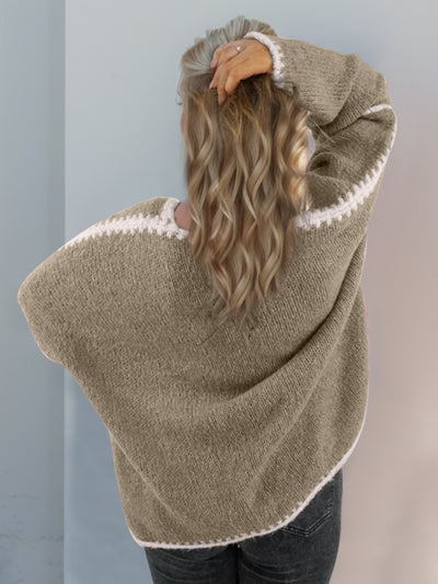 Double Take Contrast Open Front Dropped Shoulder Cardigan - Fashions Envy
