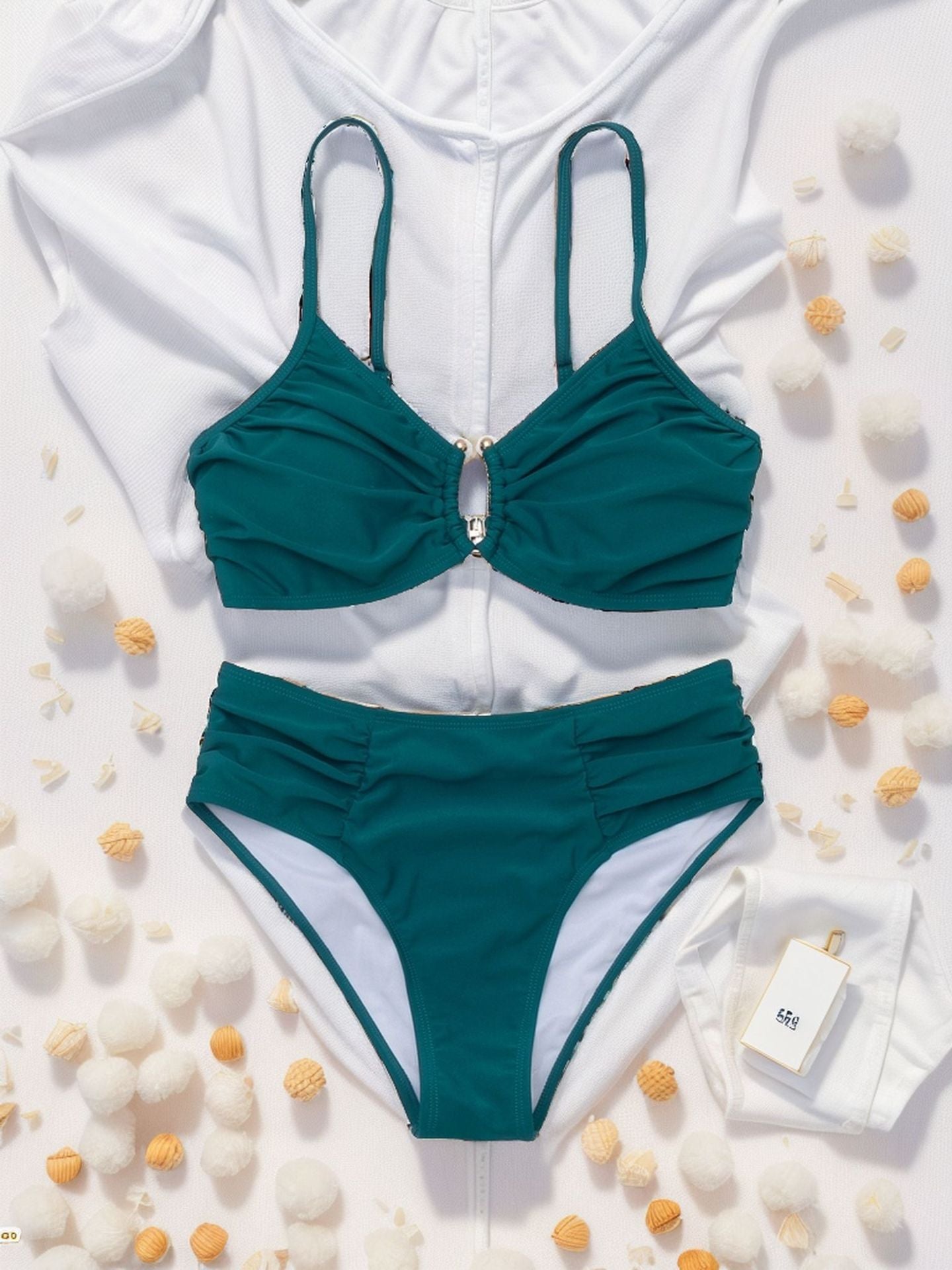 Ruched Bikini - Teal Keyhole High-Waisted - Fashions Envy