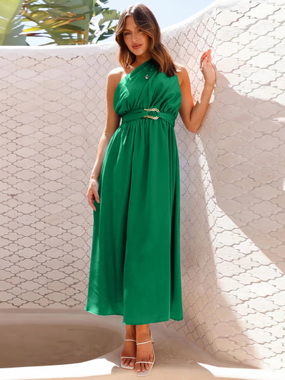 Ruched Single Shoulder Belted Midi Dress