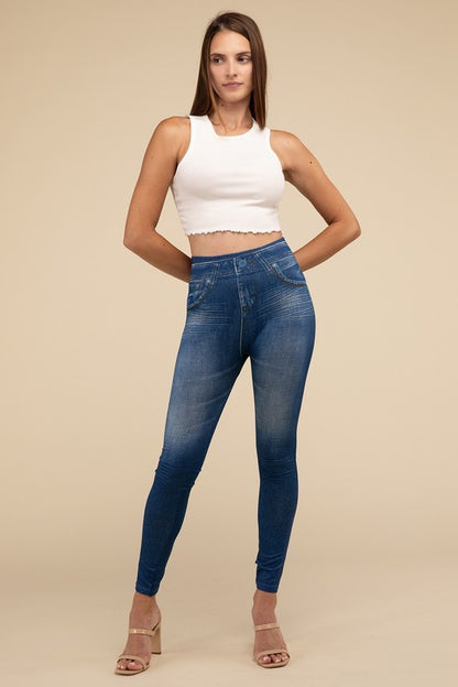 Casual High Rise Waist Denim Fitted Leggings