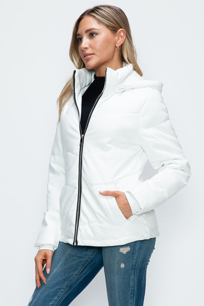 White Pocketed Zip Up Puffer Jacket with Removable Hood