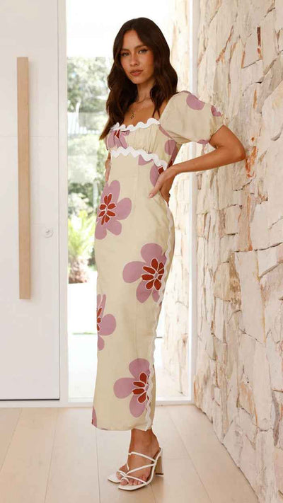 Floral Print Midi Dress - Short Sleeve Front Slit Style