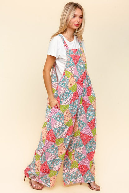 Full Size Printed Wide Leg Overalls with Side Pockets