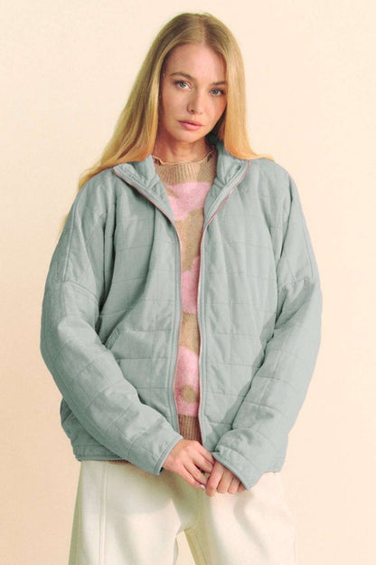 Grey-Blue Quilted Zip Up Dropped Shoulder Jacket