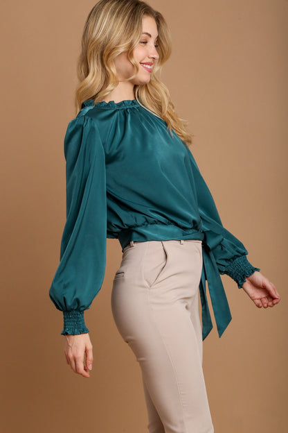 Deep Teal Frill Tied Hem Long Sleeve Blouse