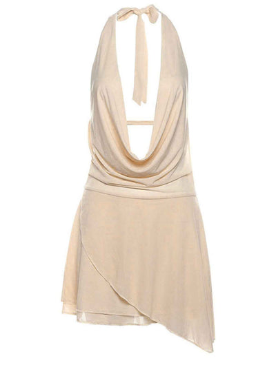 Ruffled Halter Mini Dress - Backless Tied Asymmetrical Slit