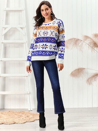 Snowflake Pattern Round Neck Sweater - Fashions Envy