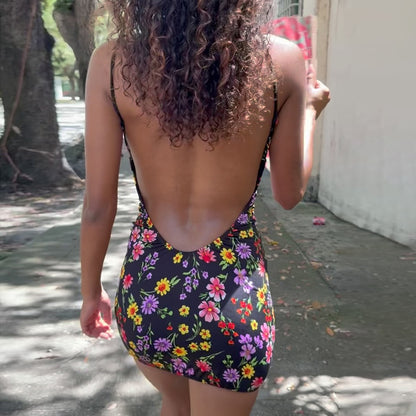 Halter Neck Backless Dress - Hollow Print Mini - Fashions Envy