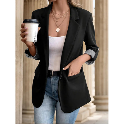 Open Front Blazer - Rolled Sleeve Office Jacket