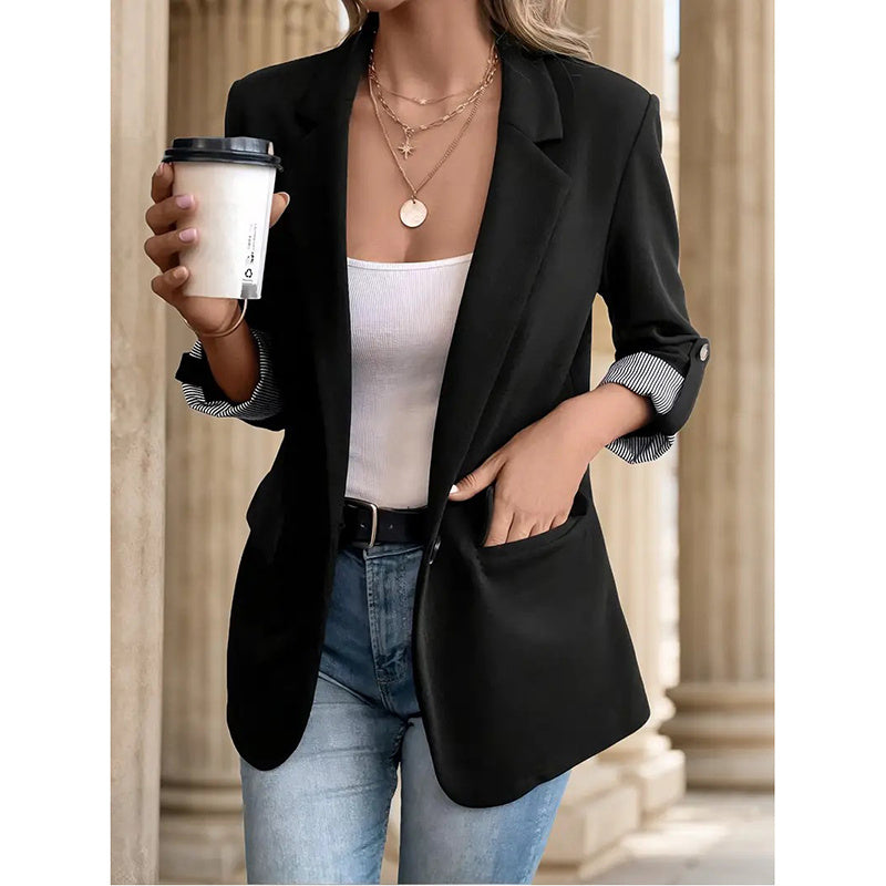Open Front Blazer - Rolled Sleeve Office Jacket