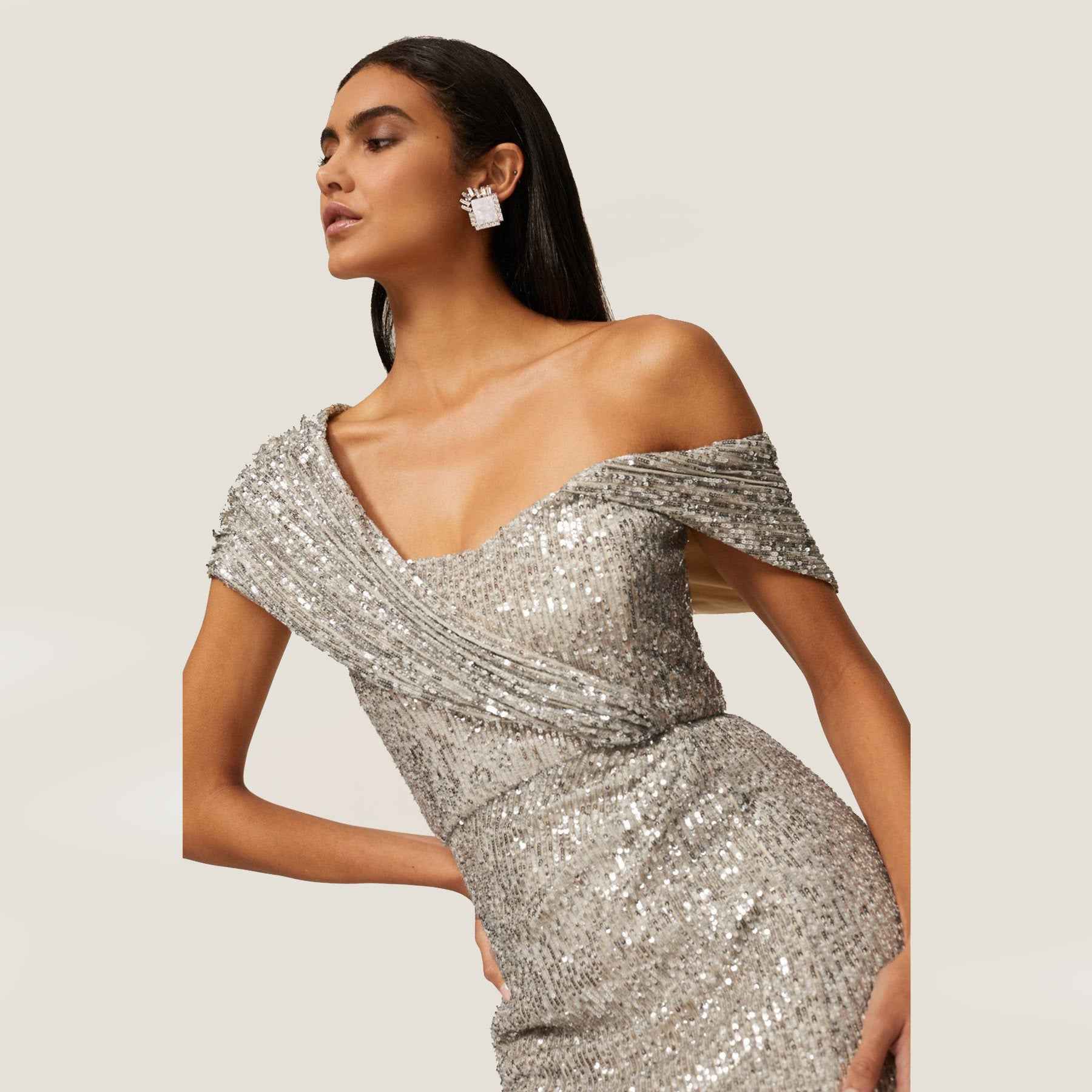 Sequin Midi Dress - White Short Sleeve Round Neck Party