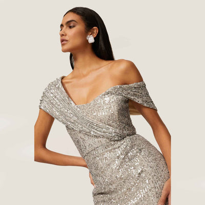 Sequin Midi Dress - White Short Sleeve Round Neck Party