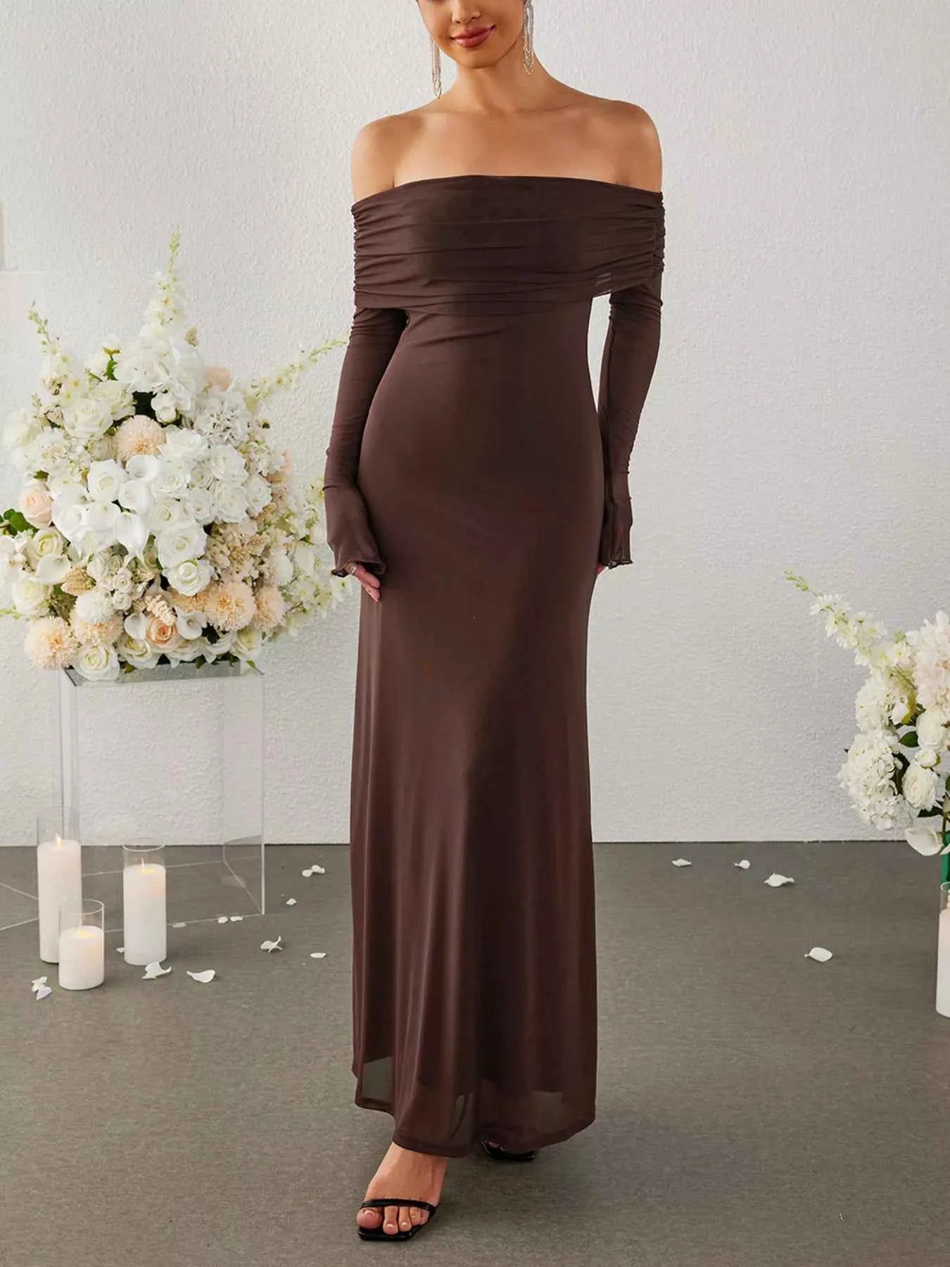 Off-Shoulder Ruched Long Sleeve Maxi Dress