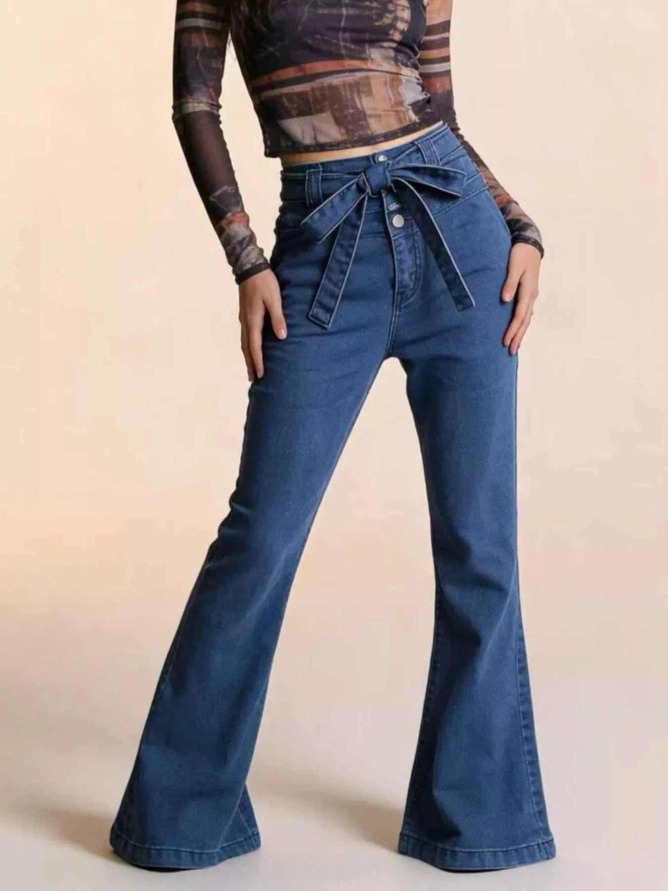 Bow-Tie High-Waisted Flare Jeans