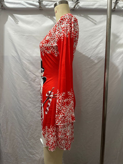 V-neck Stretch Sunken Stripe Christmas Printed Flared Sleeve Dress