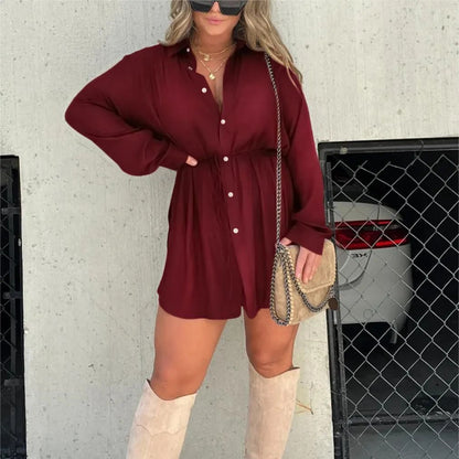 Mini Shirt Dress - Long Sleeve Button Up Style