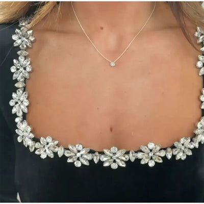 Rhinestone Flower Dress - Square Neck Party Mini