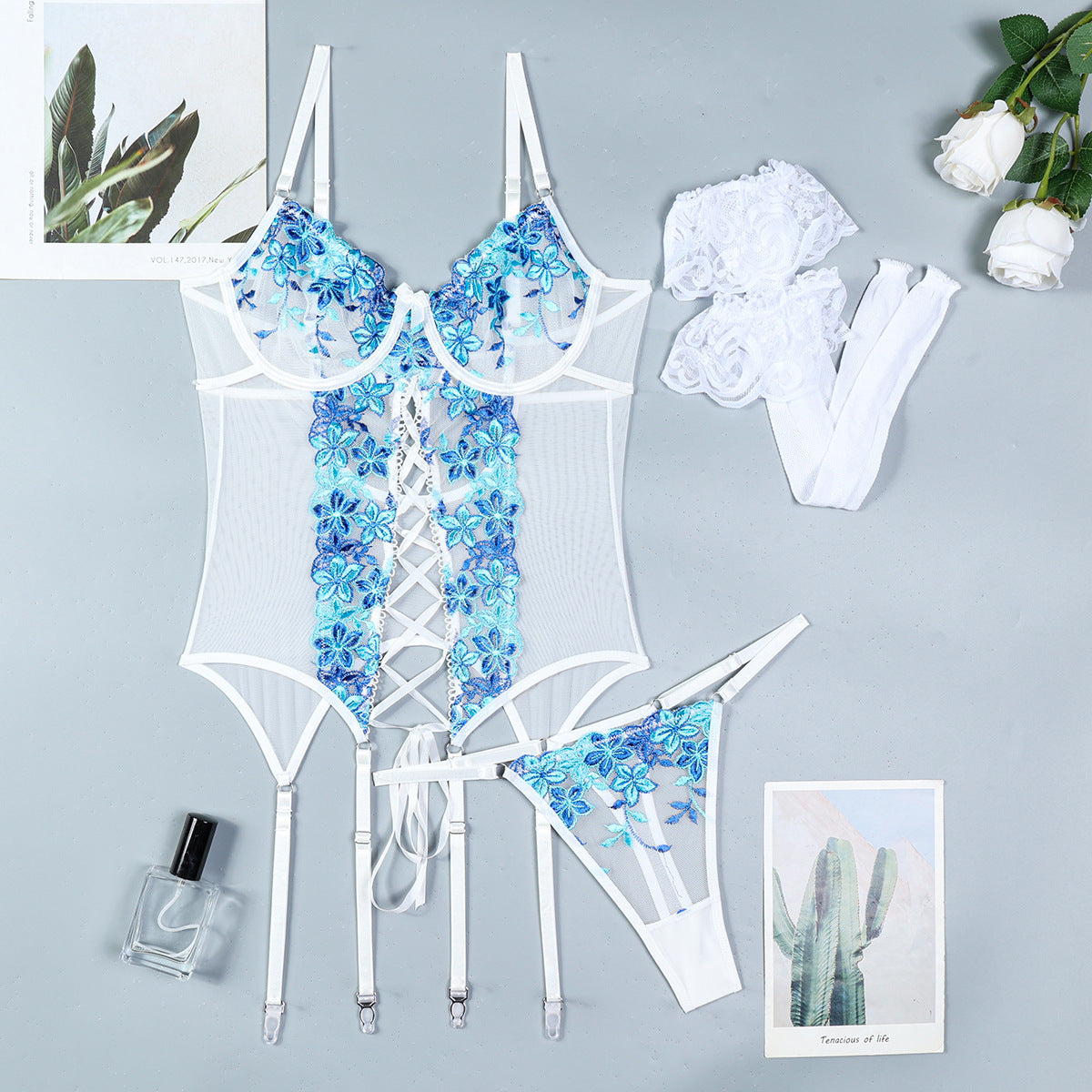 Embroidered Corset Garter Set - 3PC Lace-Up Lingerie
