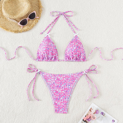 Floral Triangle Bikini - Lace Up Front Tie Bottoms Set