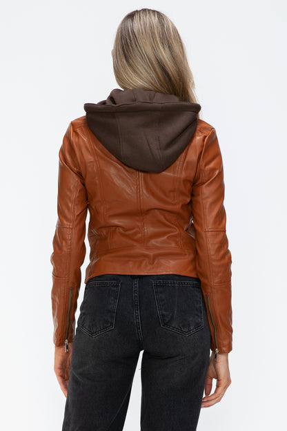 Camel Faux Leather Zip Up Drawstring Hooded Jacket