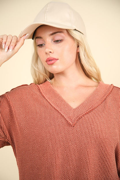 Two Tone Ribbed V-Neck Exposed Seam Top