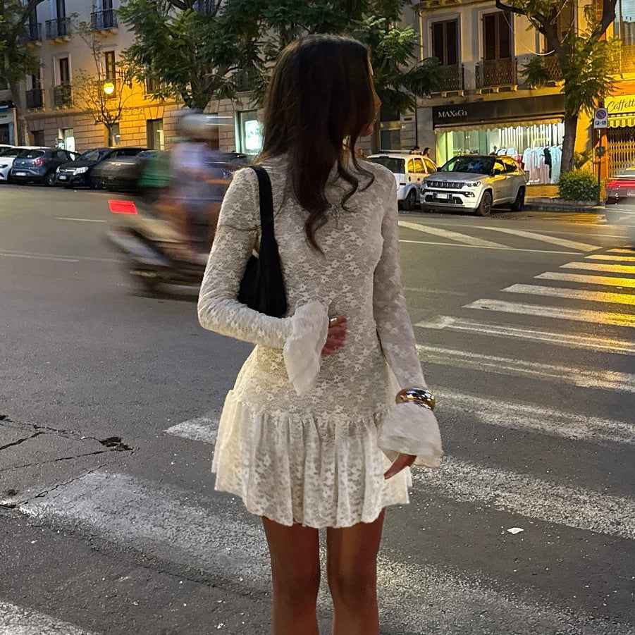 Lace See-Through Mini Dress - Long Sleeve V-Neck Apricot