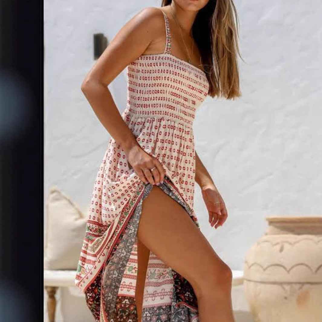 White Printed Midi Dress - Square Neck Sleeveless with Pockets