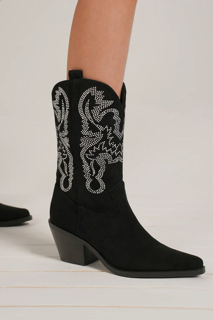 Black Rhinestone Detail Point Toe Boots