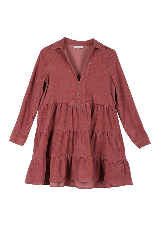 Corduroy Tiered Long Sleeve Mini Dress