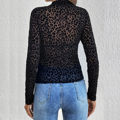 Leopard Print Top - Sheer Stand Collar Long Sleeve