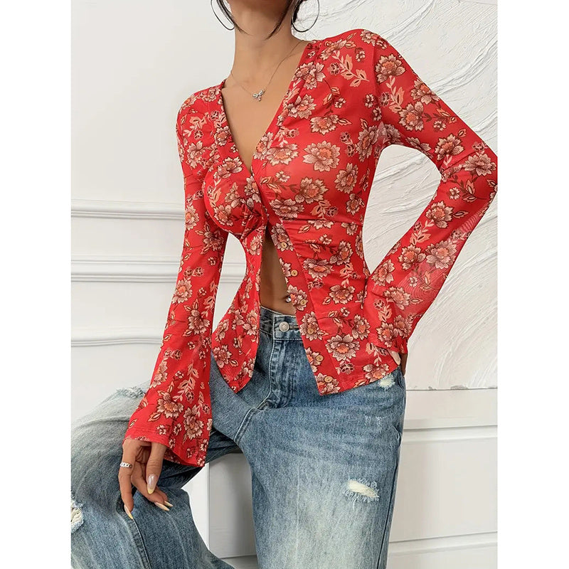 Long Sleeve V Neck Ruched Button Down Floral Shirt