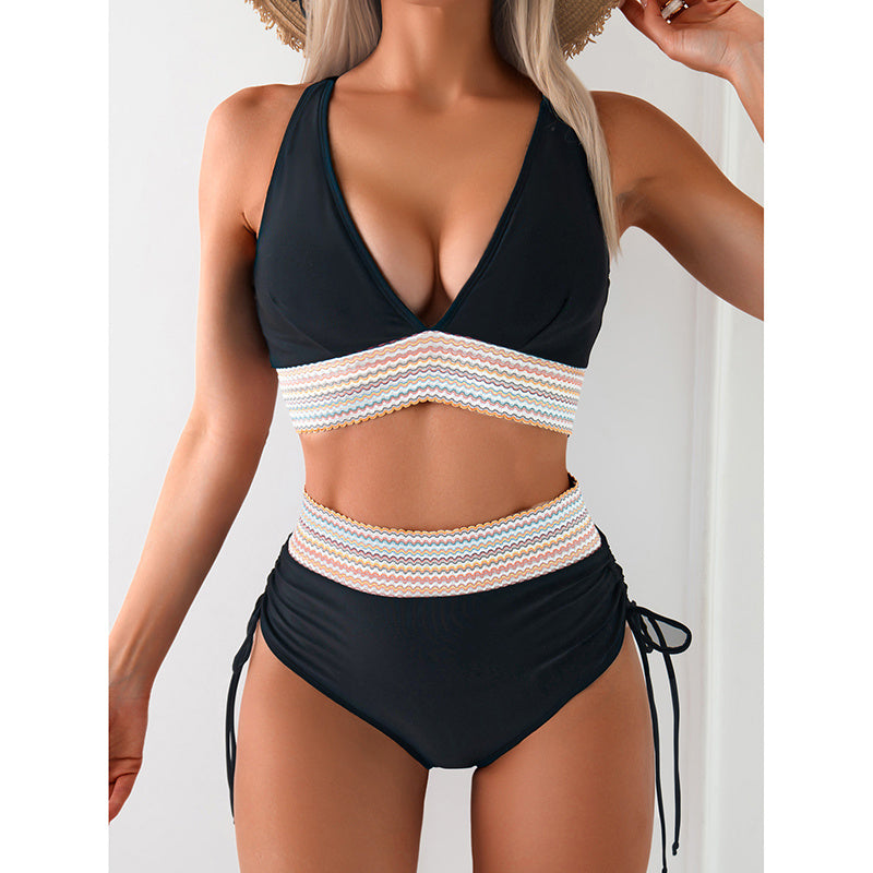 Women's High Waisted Bikini Sets - Two Piece Tummy Control Color Block Swimsuit