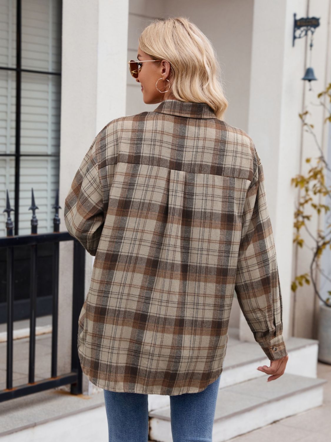 Mandy Pocketed Plaid Collared Neck Long Sleeve Shirt - Fashions Envy