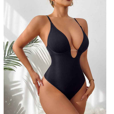 Deep V-Neck Thong Bodysuit - Tummy Control Shapewear