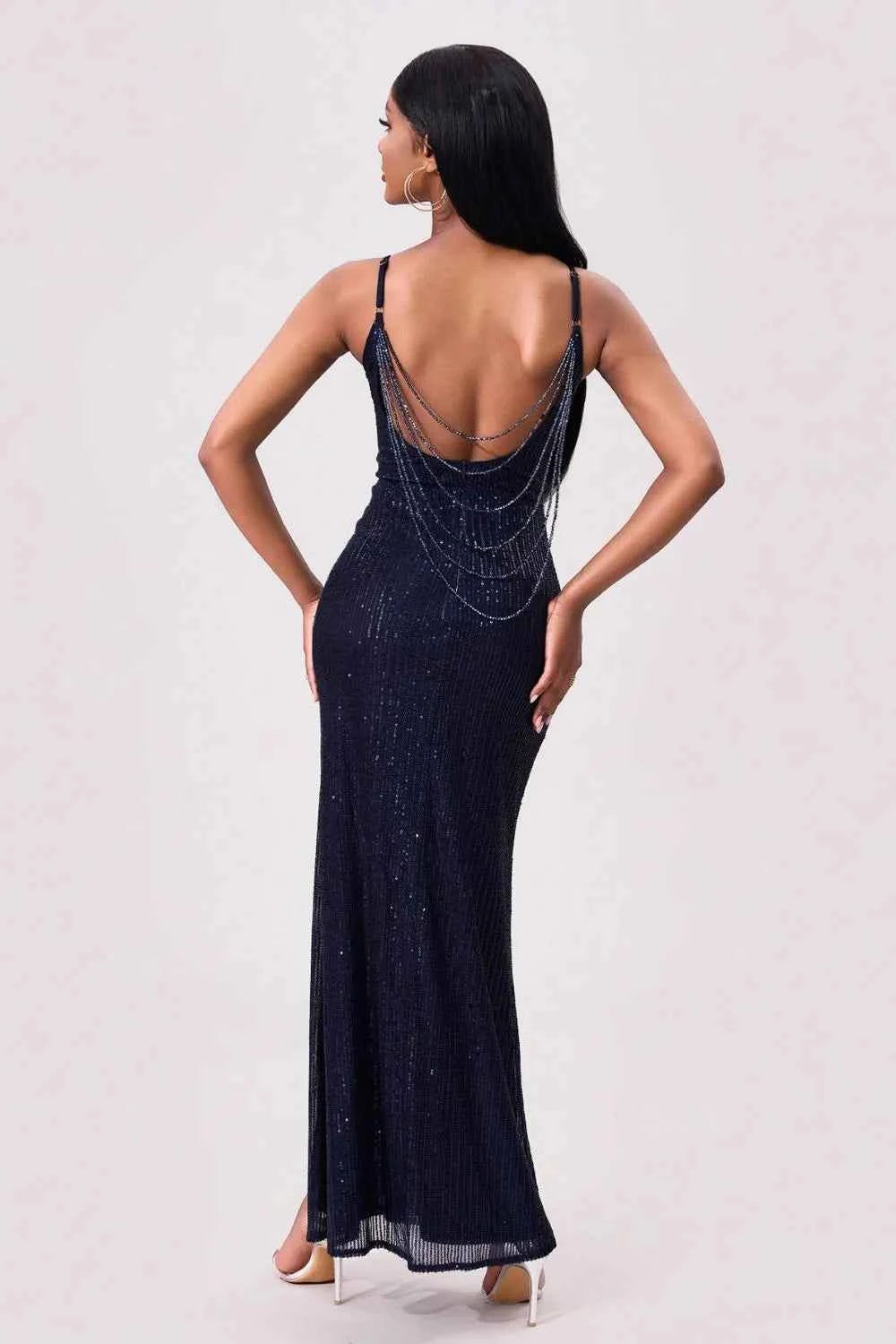 Navy Sequin Backless Maxi Dress - Spaghetti Strap High Slit