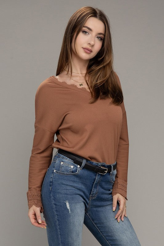 Lace Trim Brown V-Neck Long Sleeve Top