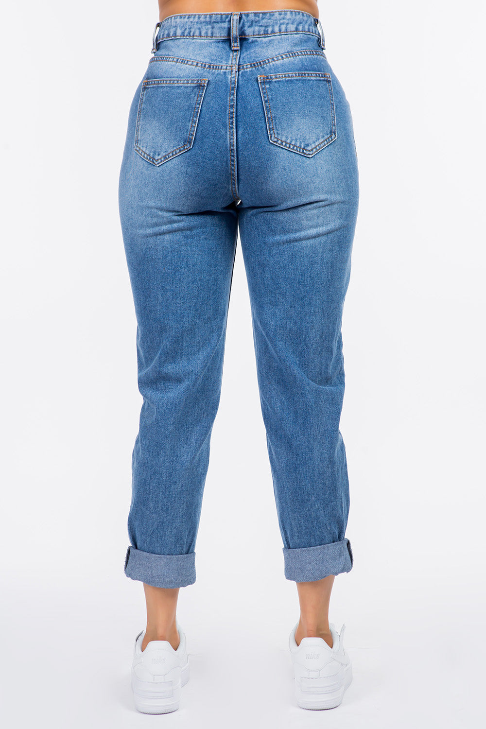 High Waist Pleated Waist Mom Denim Blue Jeans