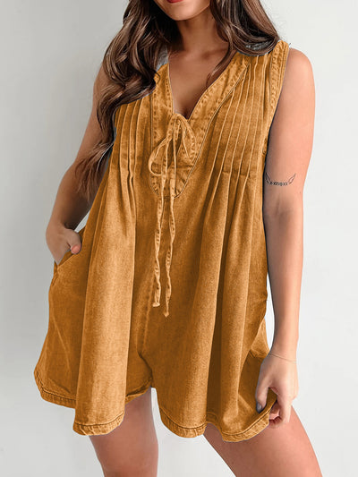 V-neck Pleated Tied Romper with Pockets