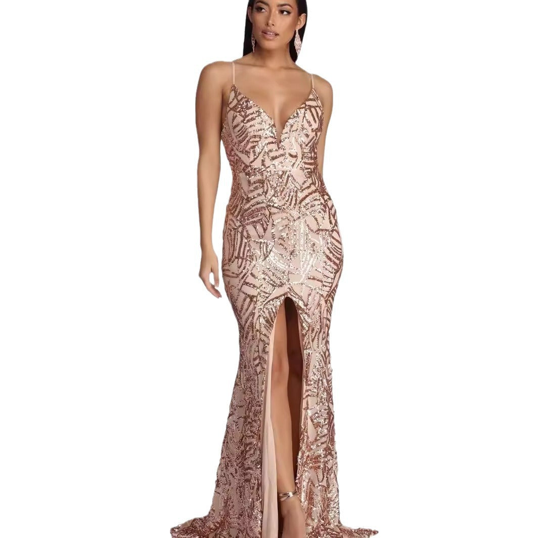 Spaghetti Strap Sequin Prom Gown - Deep V Maxi Slit Dress
