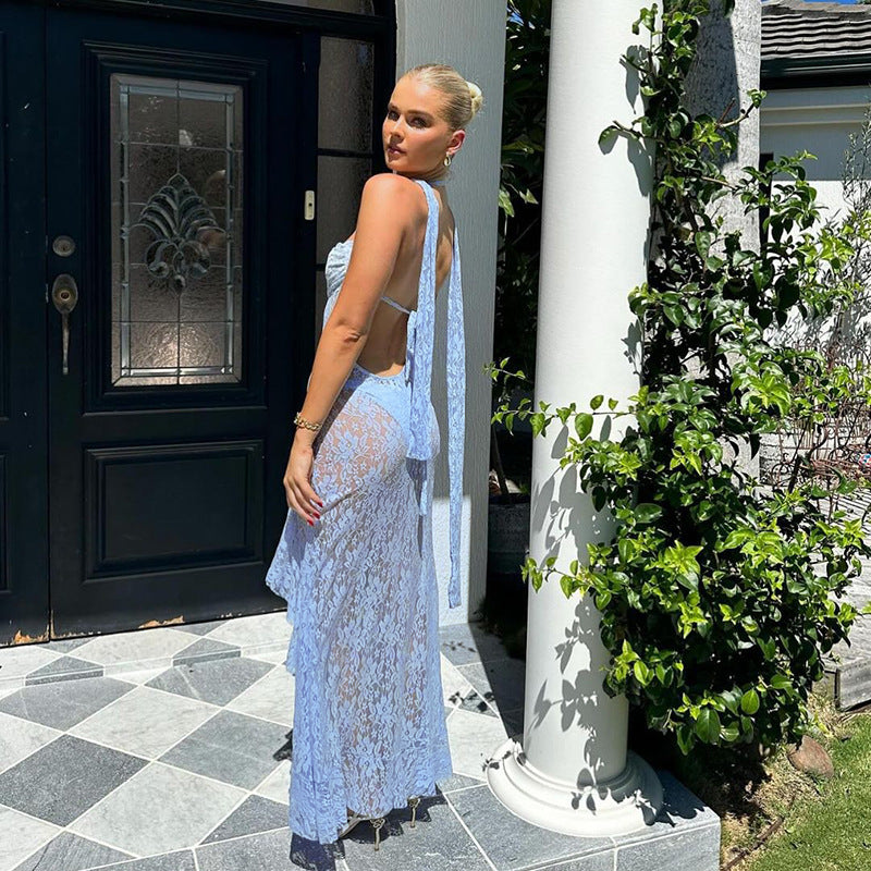 Lace Halter Maxi Dress - Sleeveless Style