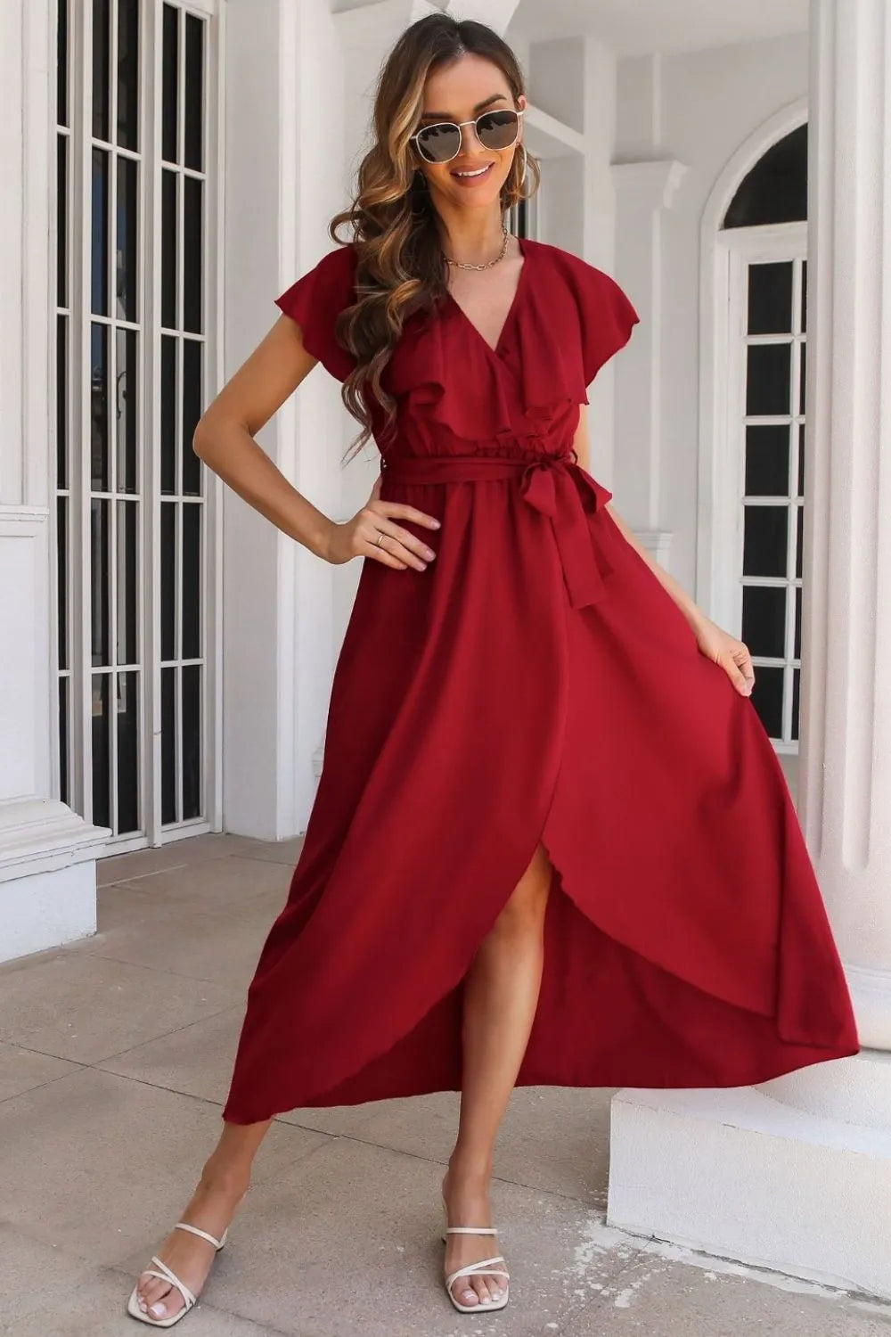 Tied Front Midi Dress - Ruffle Short Sleeve Slit Hem