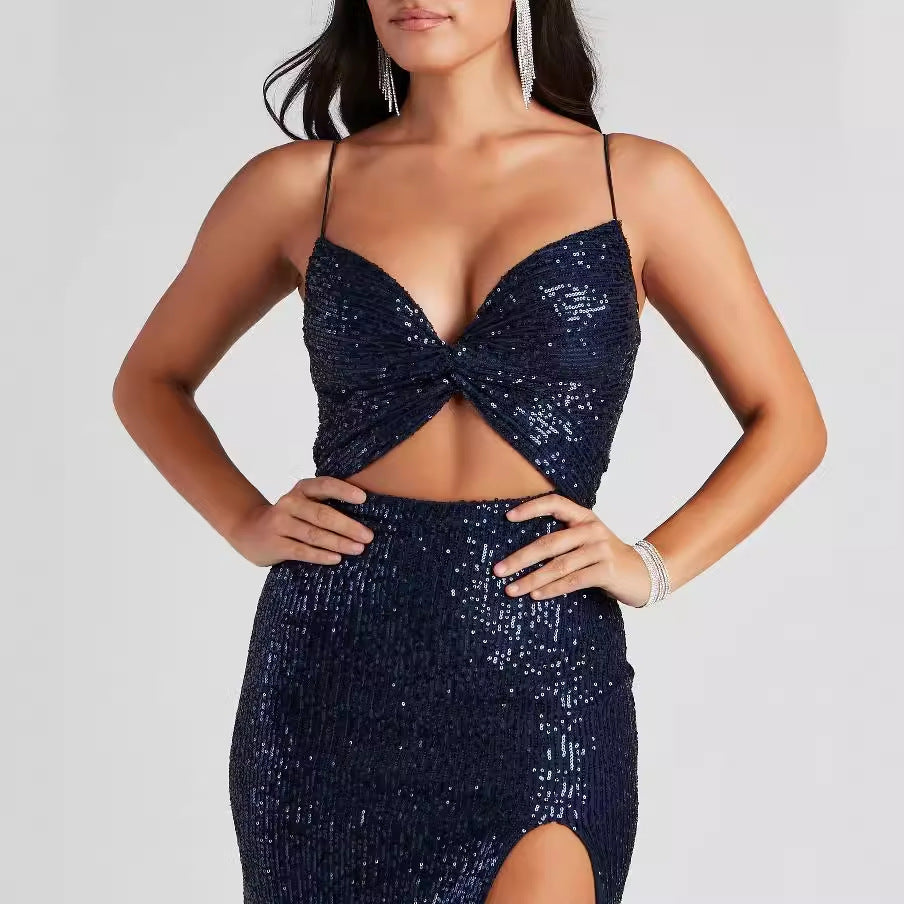 Blue Hollow Out Maxi Dress - Sleeveless Cutout Waist
