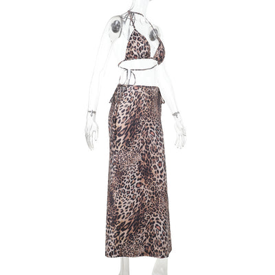 Vacation Style Leopard Bikini Set -  Maxi Skirt Cover-Up