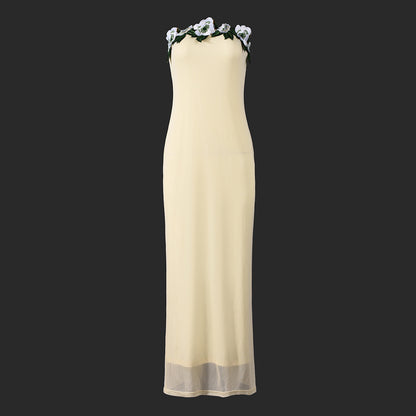 Strapless Backless Maxi Dress - 3D Floral Detail - Fashions Envy