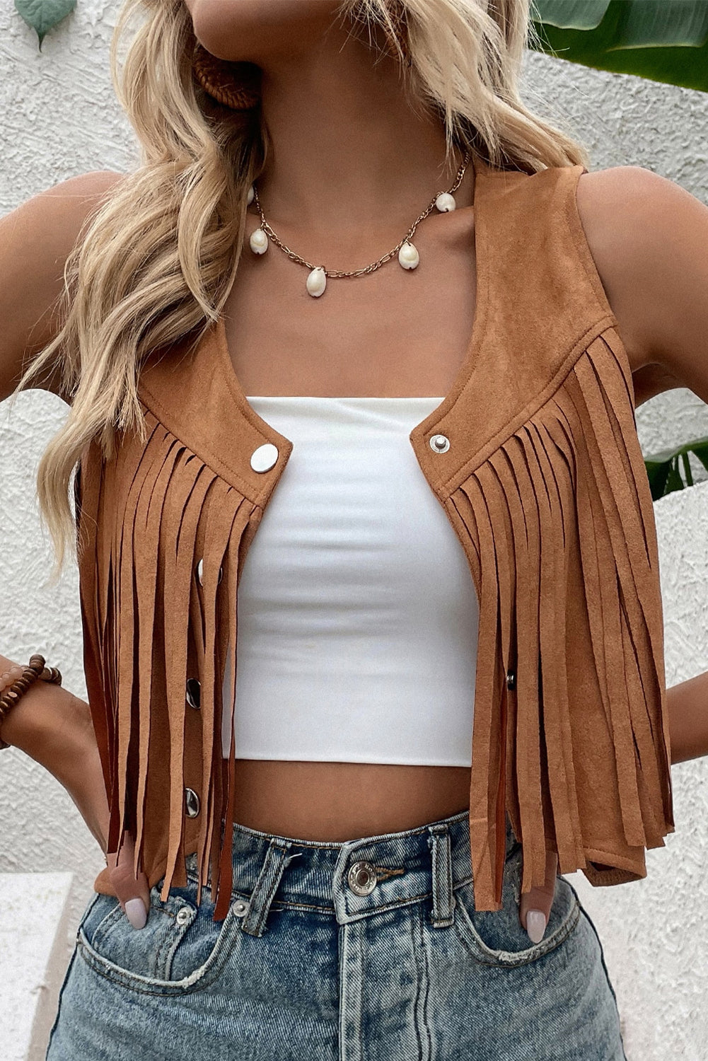 Fringe Snap Down Vest Coat