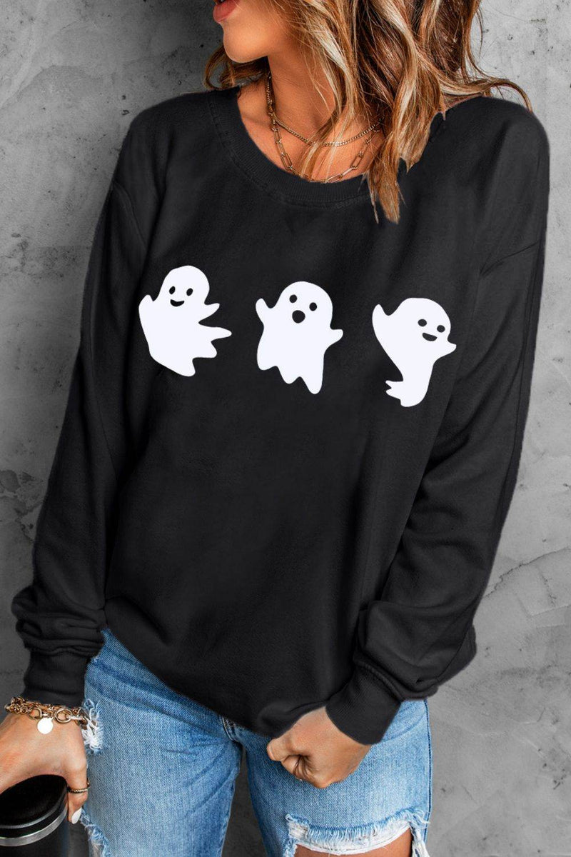 Ghost Round Neck Long Sleeve Sweatshirt - Fashions Envy