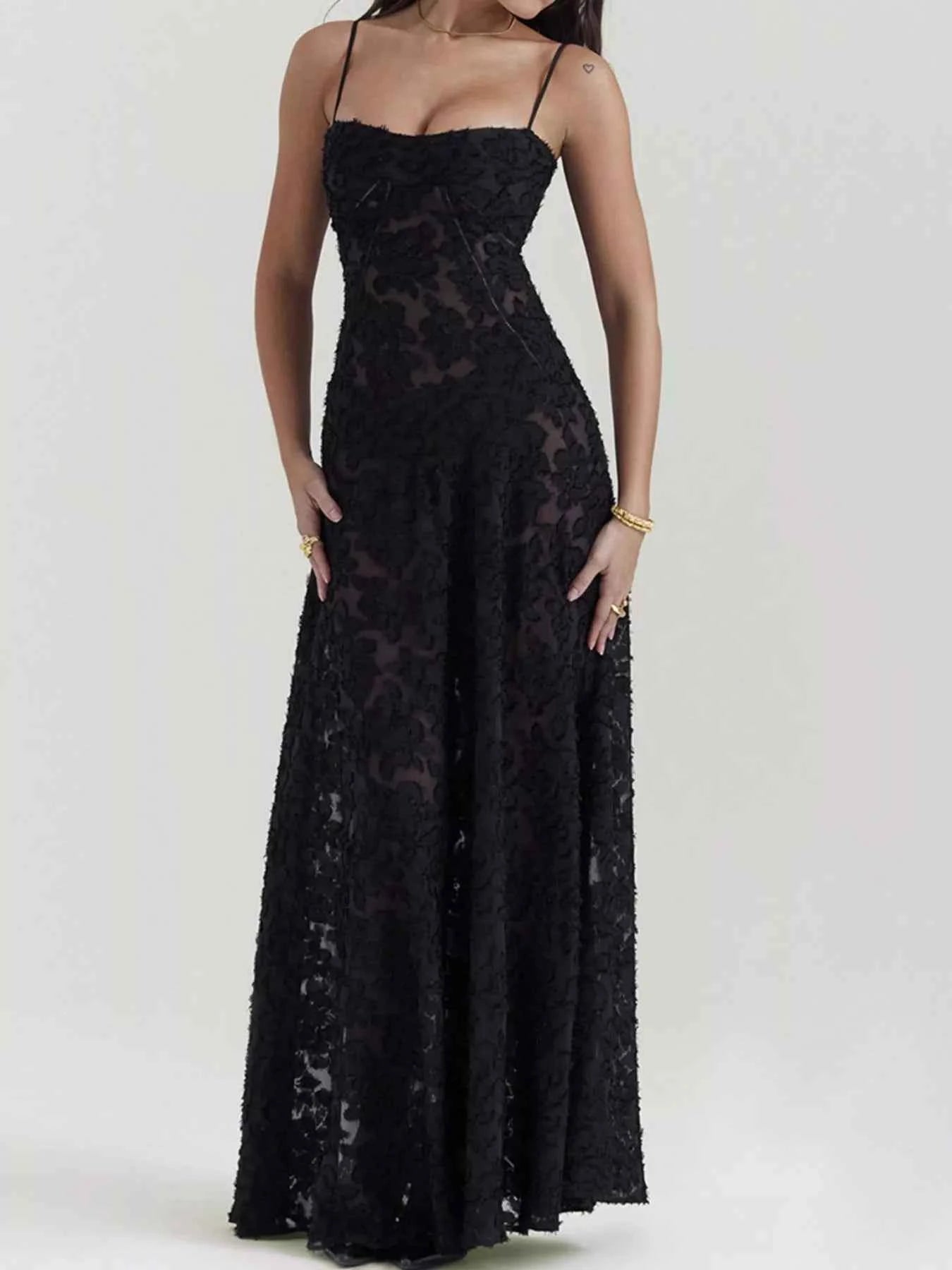 Black Maxi Dress - Lace Spaghetti Strap Gown