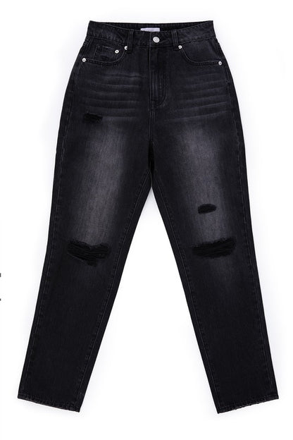 Black No Stretch Distressed Straight Jeans