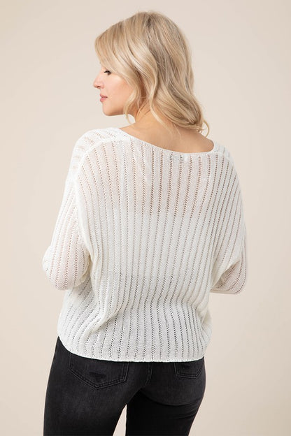 Ivory Variegated Ribbed V-Neck Sweater